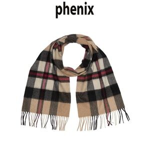 PHENIX NWT UNISEX PLAID PRINT CASHMERE FRINGE TRIM CAMEL MULTI SCARF. 70X10.5.in